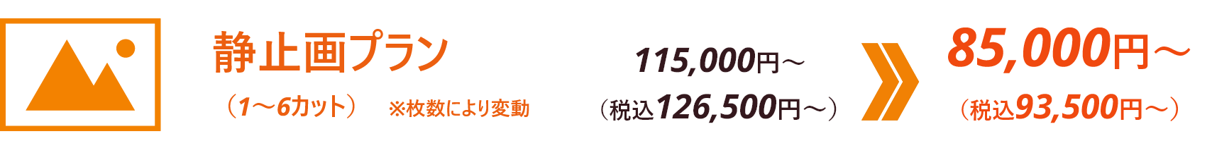 静止画プラン（1-6カット）※枚数により変動 115,000円～（税込126,500円～）→85,500円～（税込93,500円～）